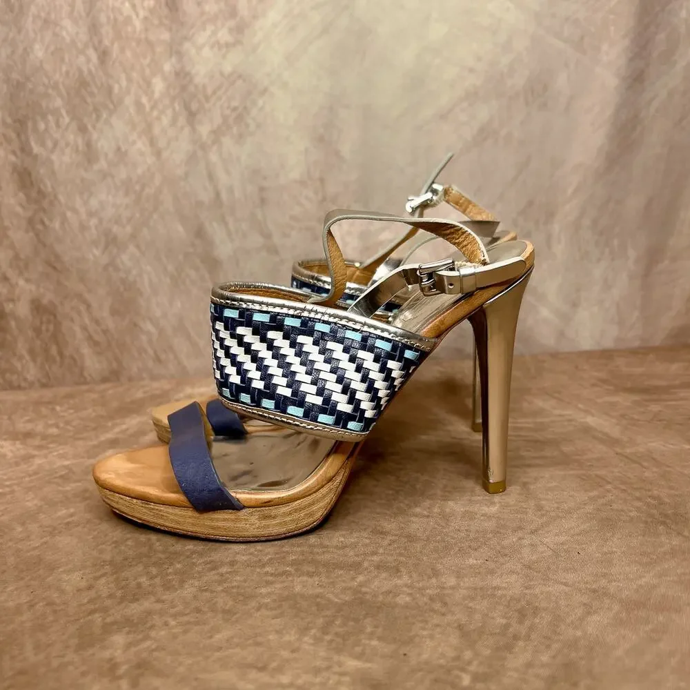 Coach Steffi Heels Pumps Slingback Woven Open Toe Sandals Silver Metallic Blue